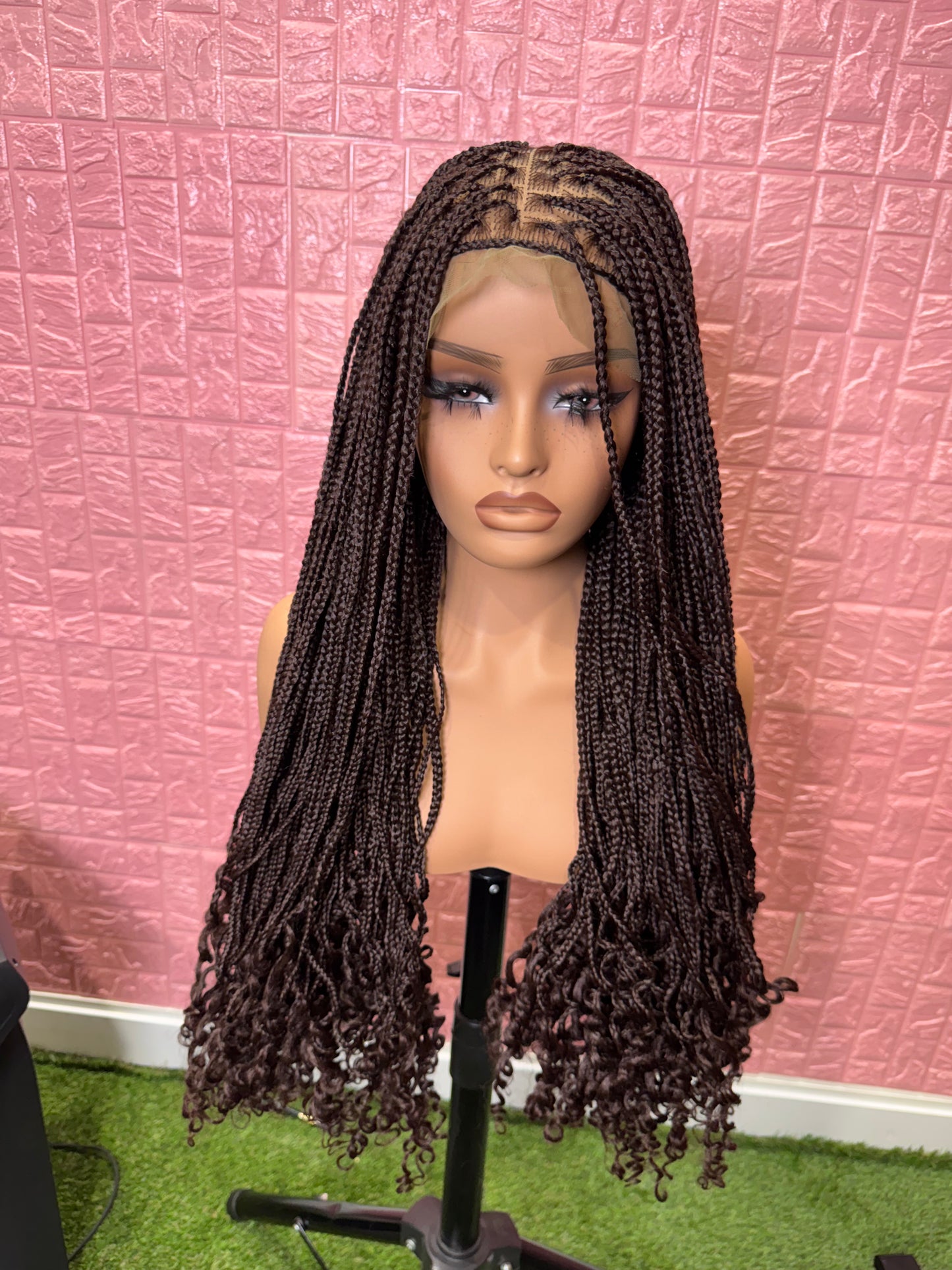 Brown curl tips knotless braided wig fullace