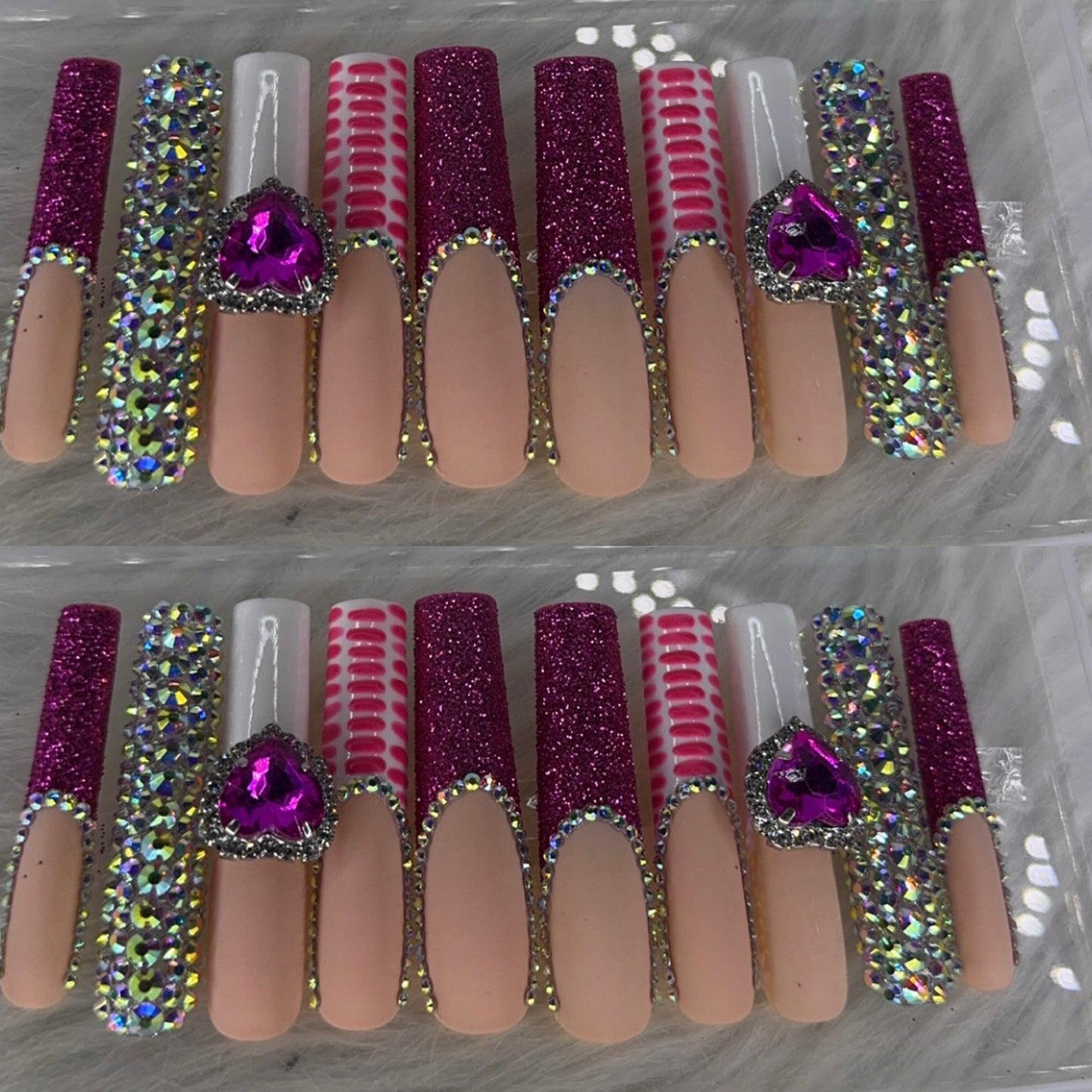 Pink long crystal press on nails