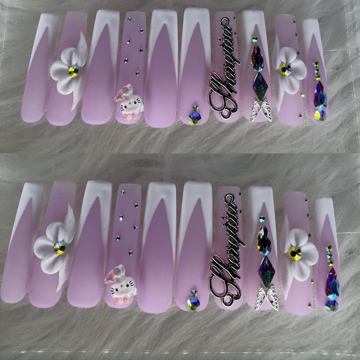 Purple and white long acrylic nails