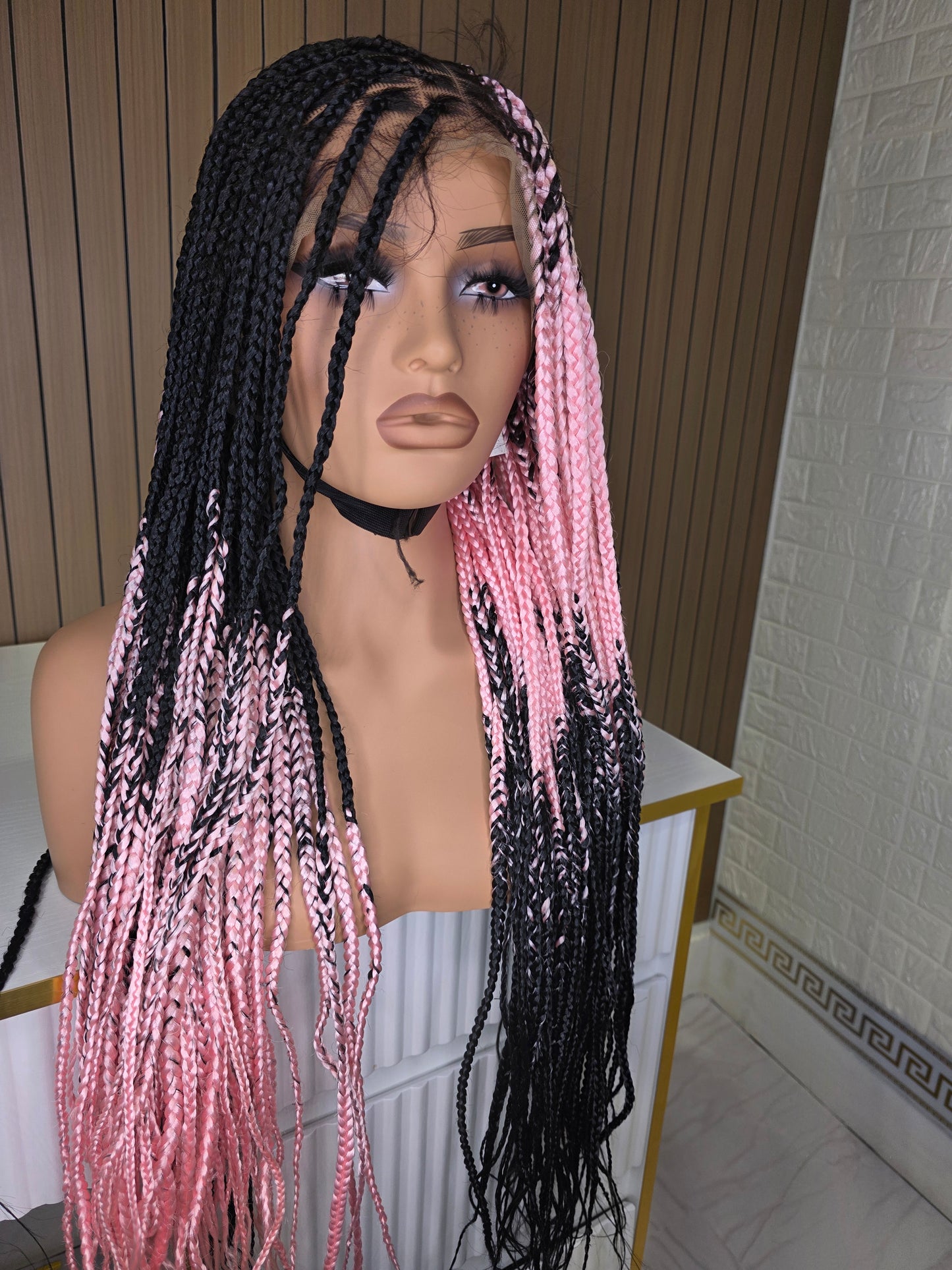 Cross braids in light pink and black 30 inches