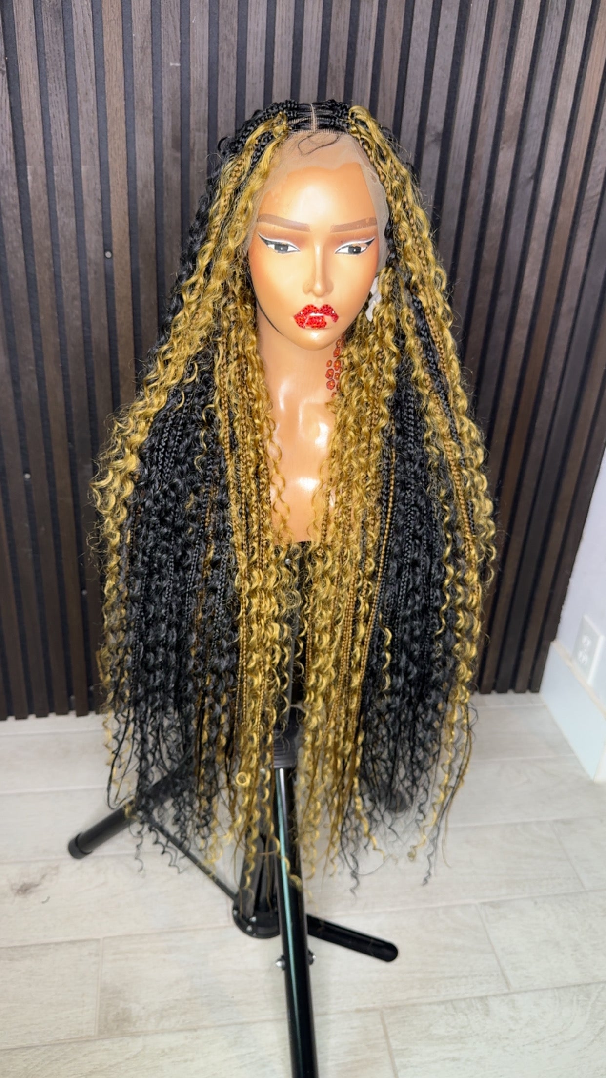 Black and honey blonde two colors mix boho knotless braided wig 40 inches full lace