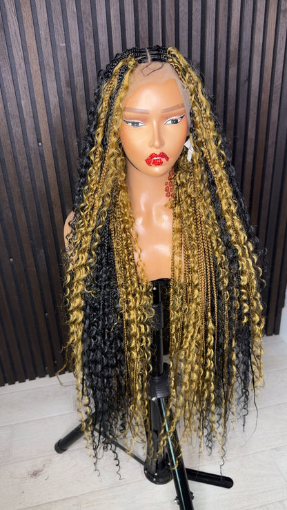 Black and honey blonde two colors mix boho knotless braided wig 40 inches full lace
