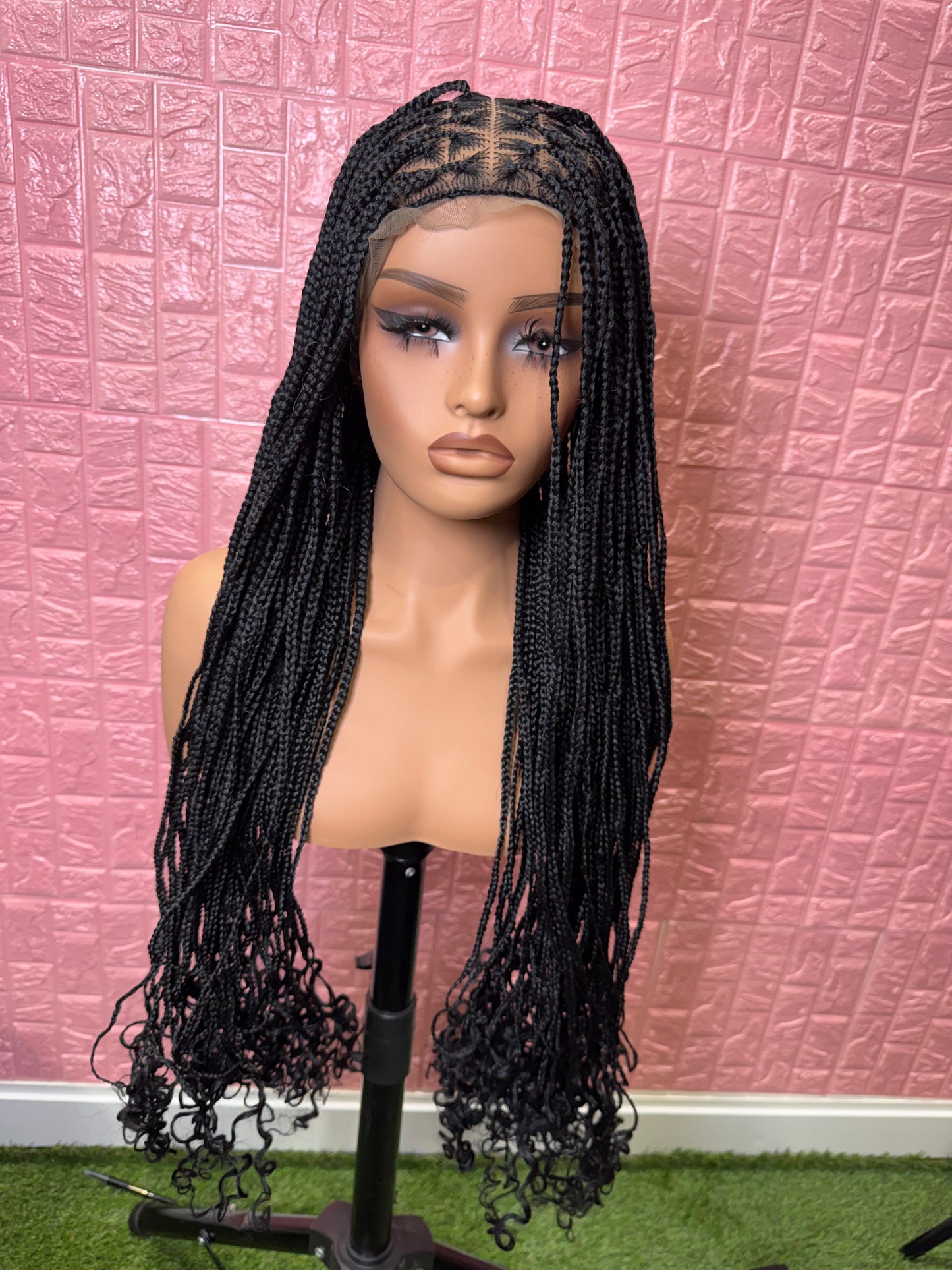 Black curl pics knotless braided wig clearnace sales