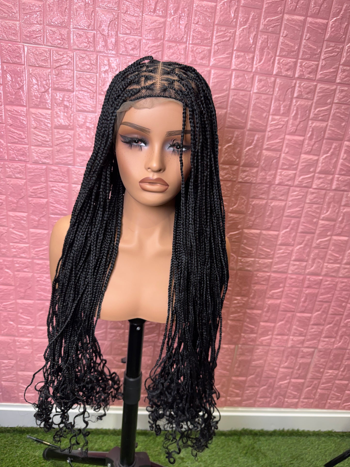 Black curl pics knotless braided wig clearnace sales