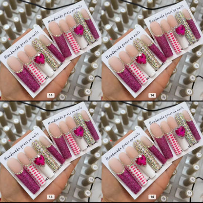 Pink long crystal press on nails