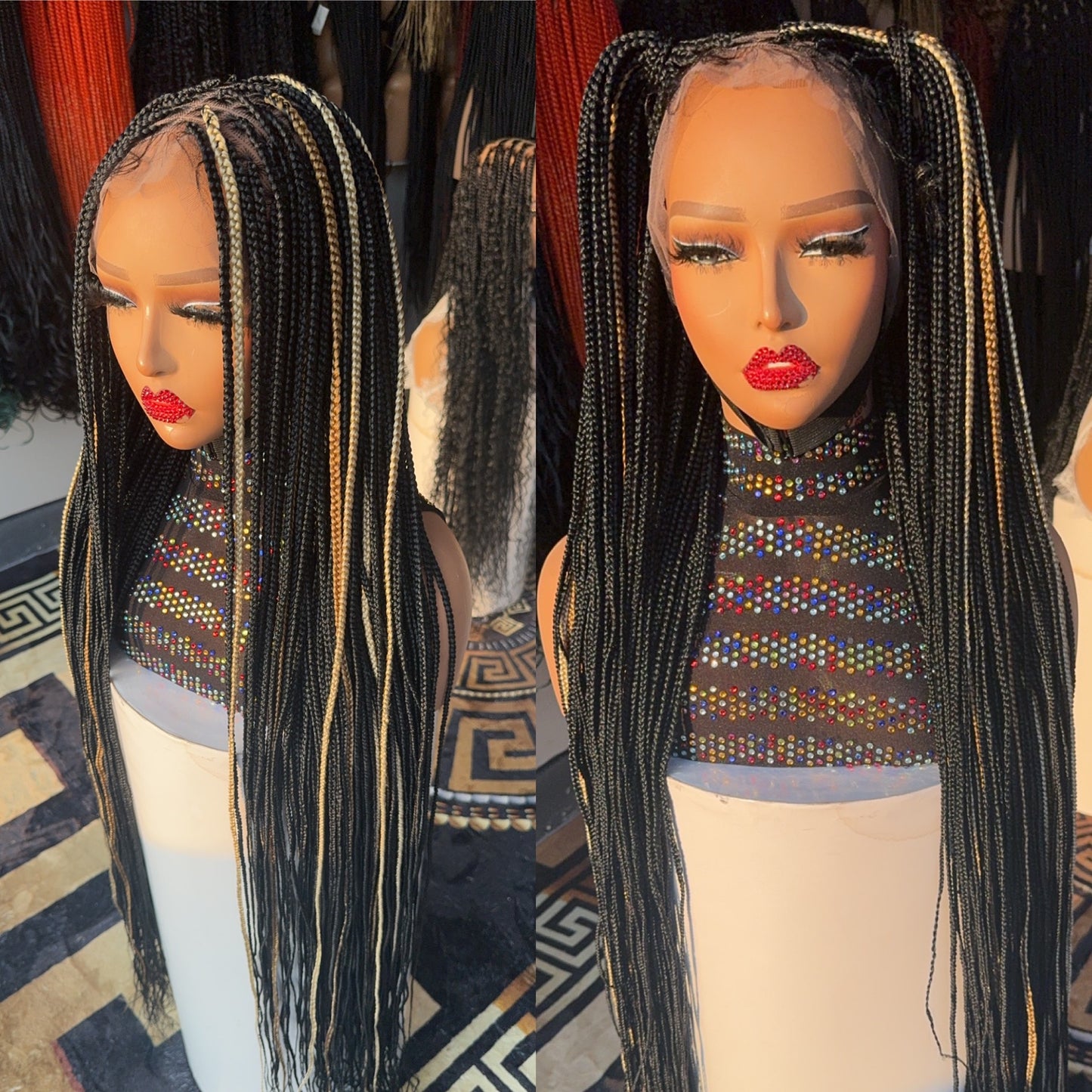 Black knotless braided wig with highlights