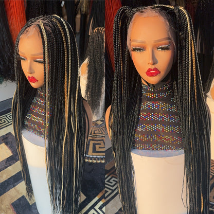 Black knotless braided wig with highlights