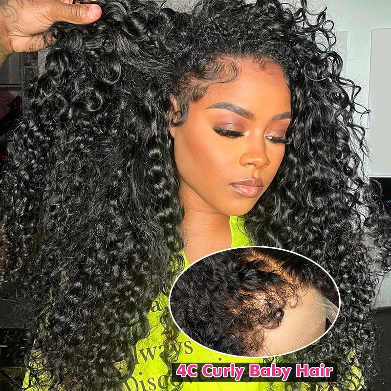 4C Kinky Edges HD Lace Wigs Deep Water Wave 13x6 HD Lace Frontal Wig Human Hair Glueless 30 34 Inch Lace Front Wigs for Women