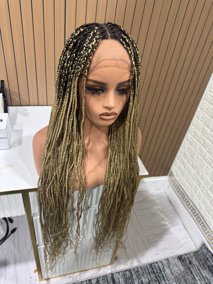Honeymix blonde dark root fullace knotless braided wig