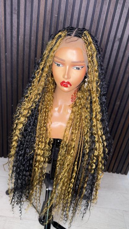 Black and honey blonde two colors mix boho knotless braided wig 40 inches full lace