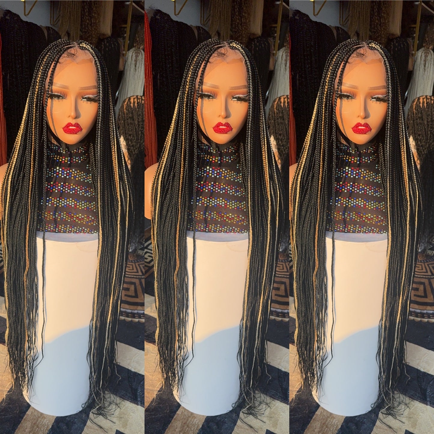 Black knotless braided wig with highlights