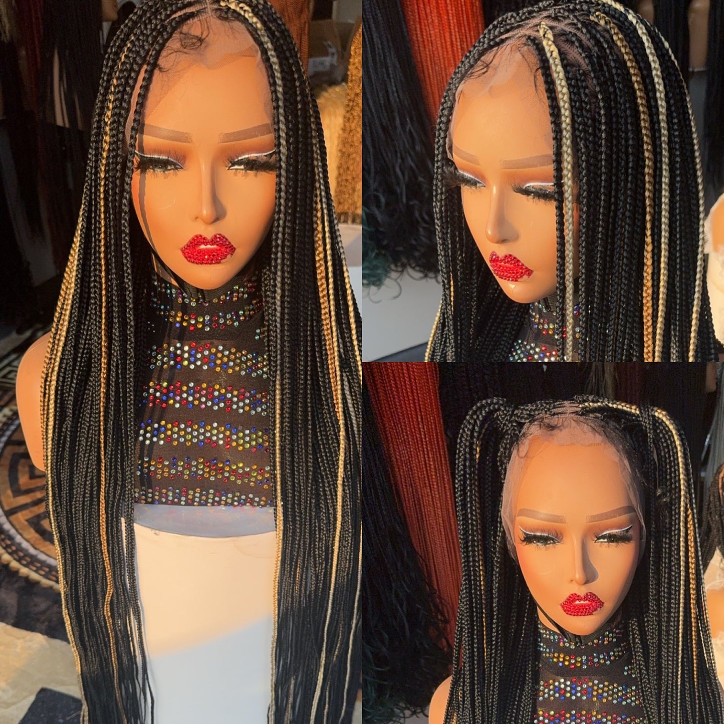 Black knotless braided wig with highlights