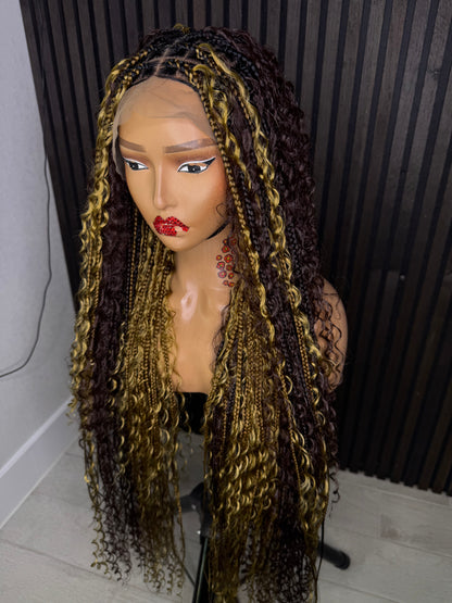 Brown and honey blonde two tone bobo knotless braided wig