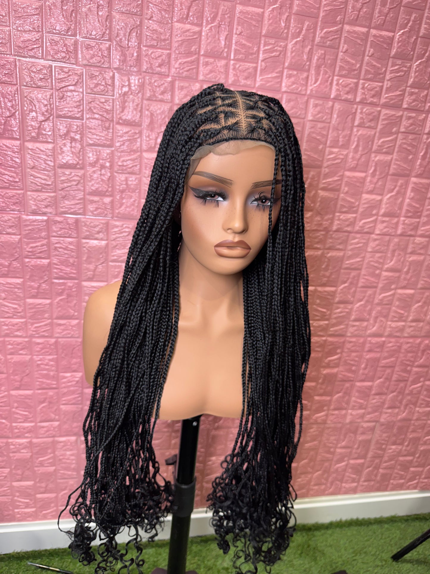 Black curl pics knotless braided wig clearnace sales