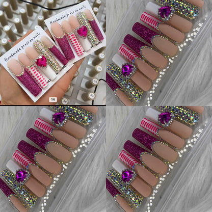 Pink long crystal press on nails