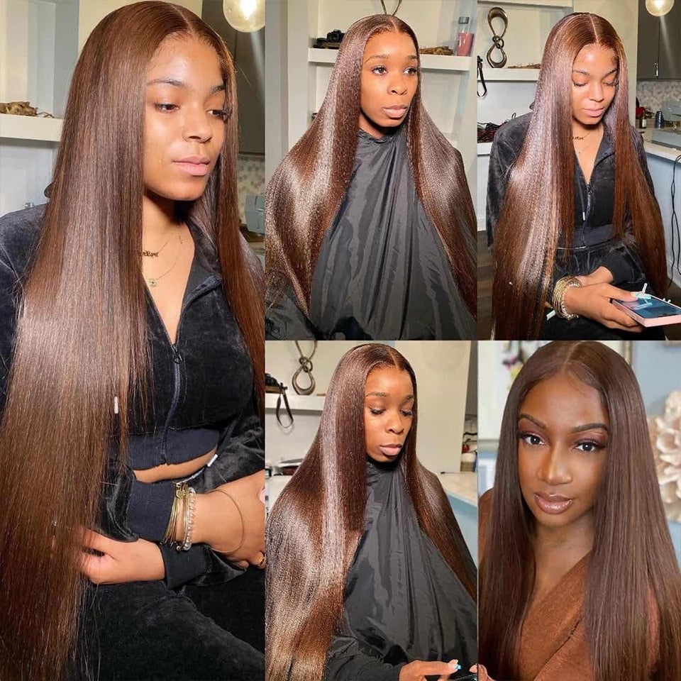 Chocolate Brown Bone Straight Human Hair Bundles with 4x4 Lace Closure Frontal Remy Brazilian Hair Weave Bundles with Closure