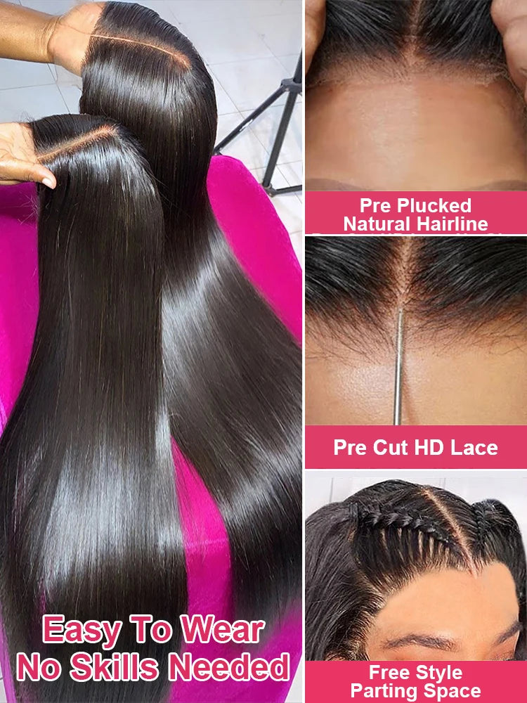 Glueless Preplucked Human Hair Wigs Ready To Wear And Go Brazilian Bone Straight 13x4 HD Lace Frontal Human Hair Wig For Women