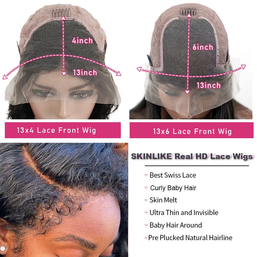 4C Kinky Edges HD Lace Wigs Deep Water Wave 13x6 HD Lace Frontal Wig Human Hair Glueless 30 34 Inch Lace Front Wigs for Women