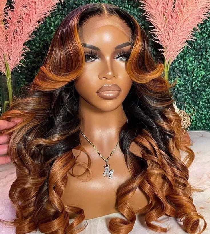 4x4 Lace Closure Wig Ombre Ginger Brown Colored Pre-Plucked 13x6 HD Transparent Lace Frontal Wig Wave Human Hair Orange Ginger