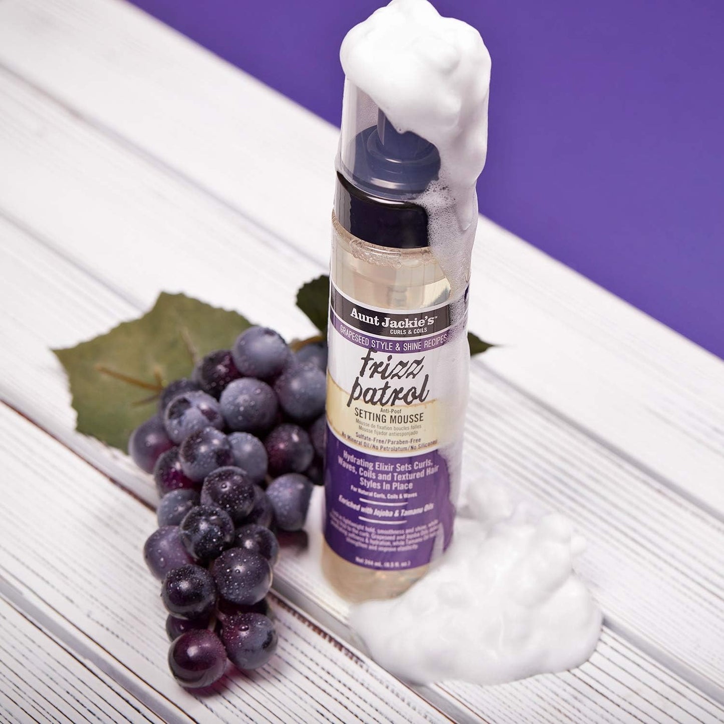 Aunt Jackie's Grapeseed Style and Shine Recipes Frizz Patrol Anti- Setting Hair Mousse, Sets Curly Hair Styles in Place, Fl.Oz 8.5 Ounce