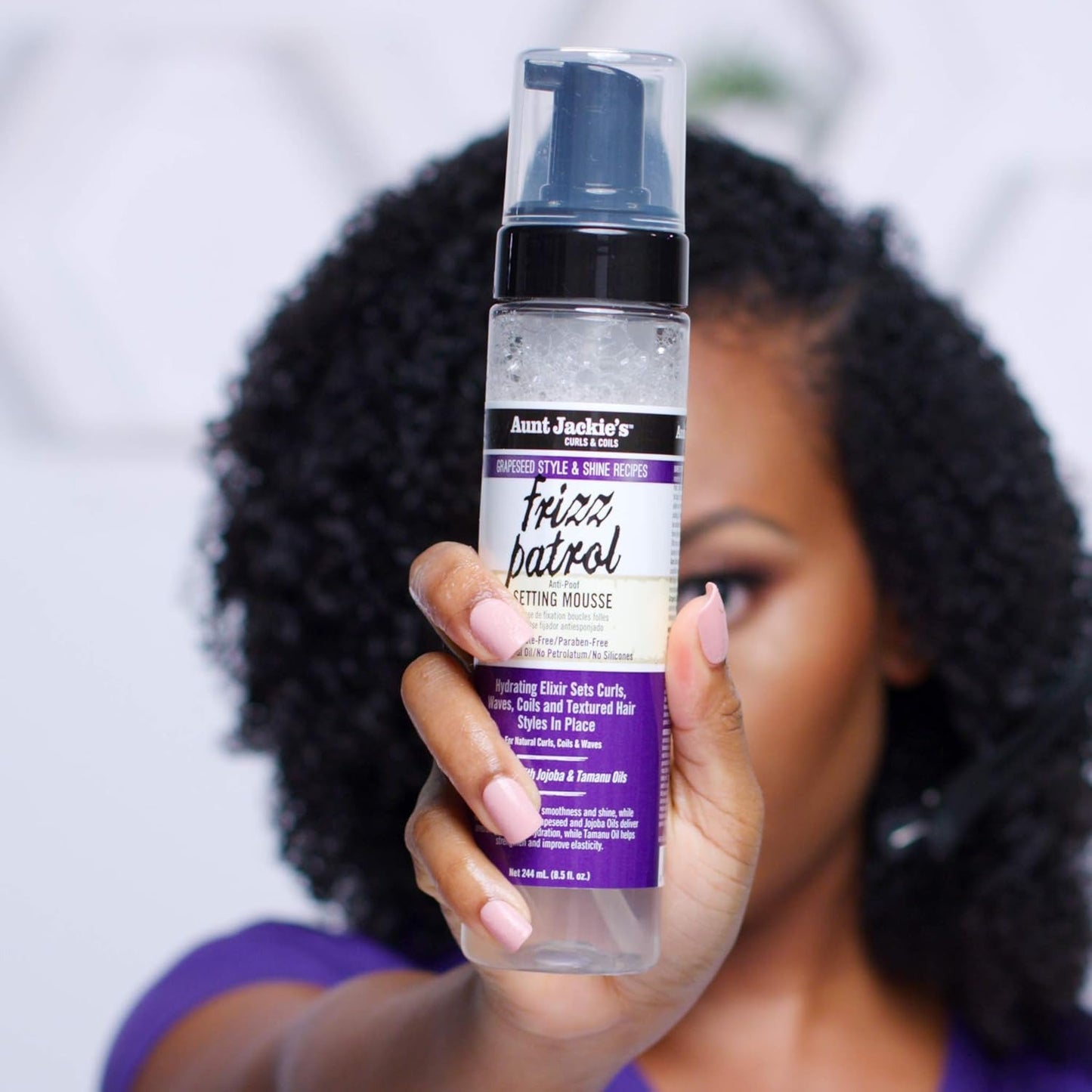Aunt Jackie's Grapeseed Style and Shine Recipes Frizz Patrol Anti- Setting Hair Mousse, Sets Curly Hair Styles in Place, Fl.Oz 8.5 Ounce