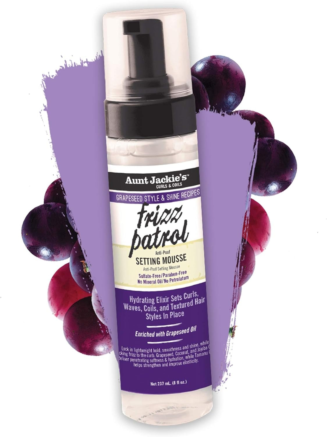 Aunt Jackie's Grapeseed Style and Shine Recipes Frizz Patrol Anti- Setting Hair Mousse, Sets Curly Hair Styles in Place, Fl.Oz 8.5 Ounce