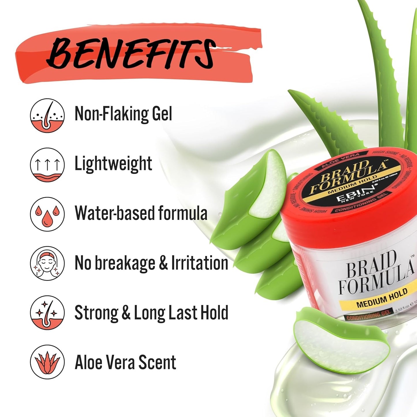 EBIN NEW YORK Braid Formula Conditioning Gel, Medium Hold | Great for Braiding, Twisting, Edges, No Residue, No Flaking, Strong Hold, High Shine, Smoothing with Clean & Aloe Vera Scent
