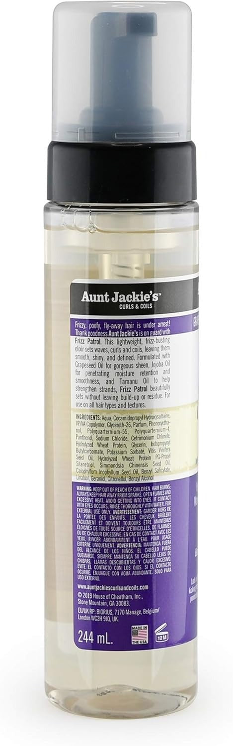 Aunt Jackie's Grapeseed Style and Shine Recipes Frizz Patrol Anti- Setting Hair Mousse, Sets Curly Hair Styles in Place, Fl.Oz 8.5 Ounce