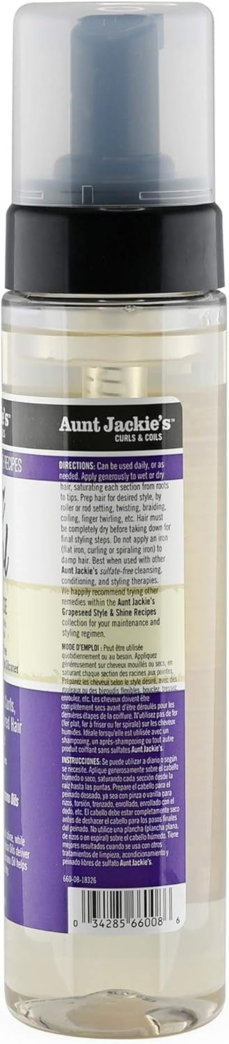 Aunt Jackie's Grapeseed Style and Shine Recipes Frizz Patrol Anti- Setting Hair Mousse, Sets Curly Hair Styles in Place, Fl.Oz 8.5 Ounce
