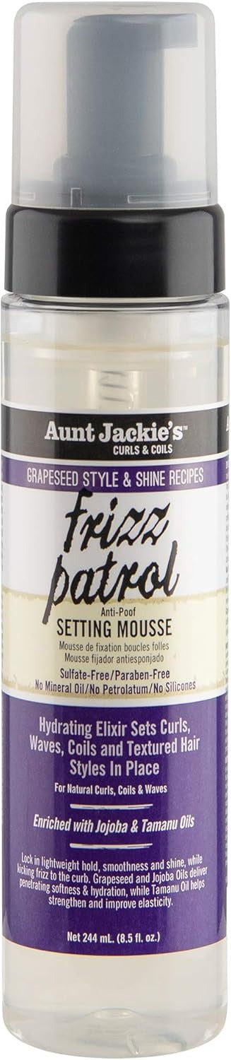 Aunt Jackie's Grapeseed Style and Shine Recipes Frizz Patrol Anti- Setting Hair Mousse, Sets Curly Hair Styles in Place, Fl.Oz 8.5 Ounce