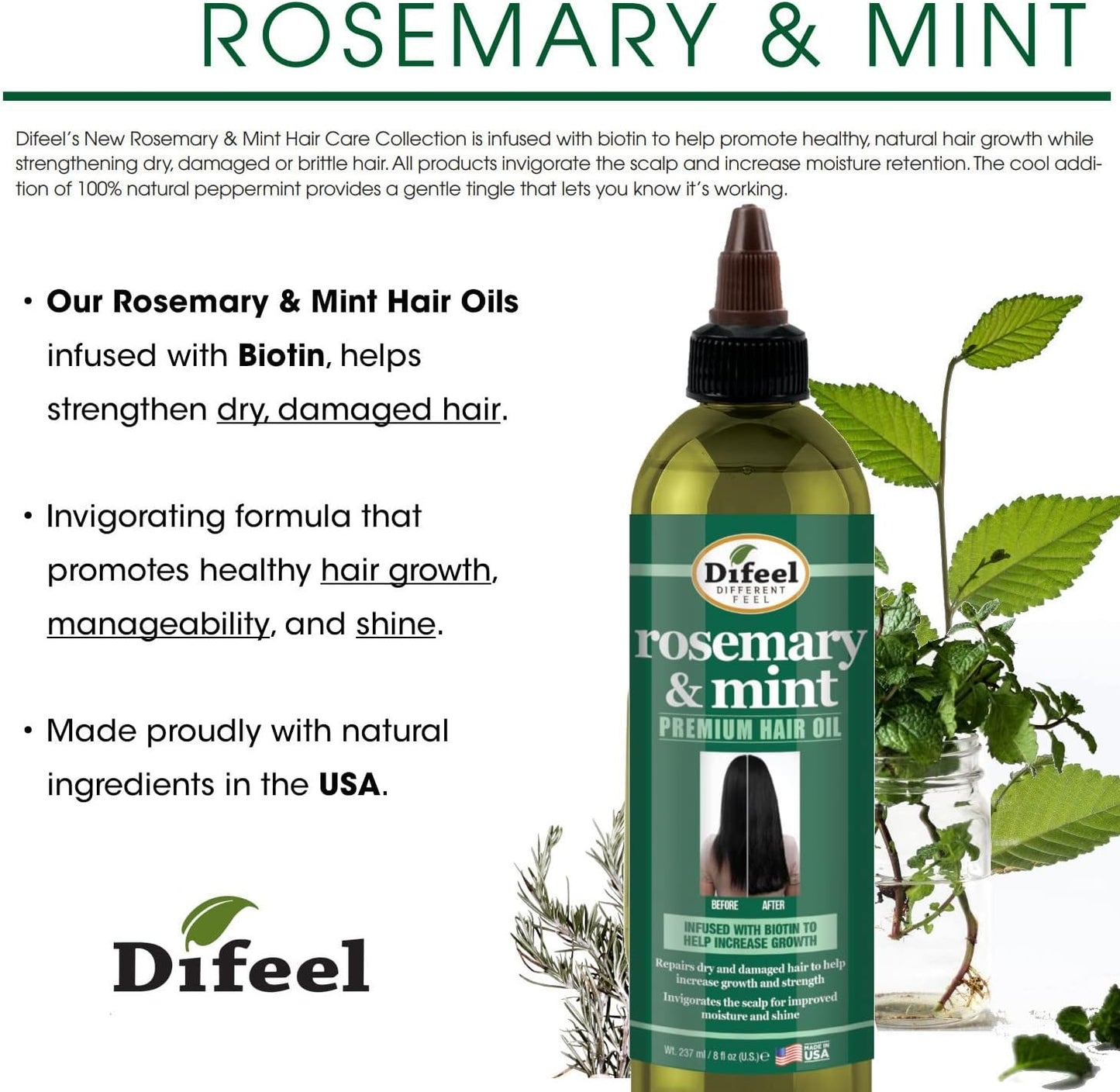 Difeel Rosemary and Mint Premium Hair Oil with Biotin 8 oz. - Made with Natural Mint & Rosemary Oil for Hair Growth