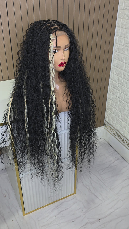 Black knotless boho braided wig full lace