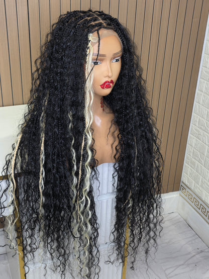 Black knotless boho braided wig full lace