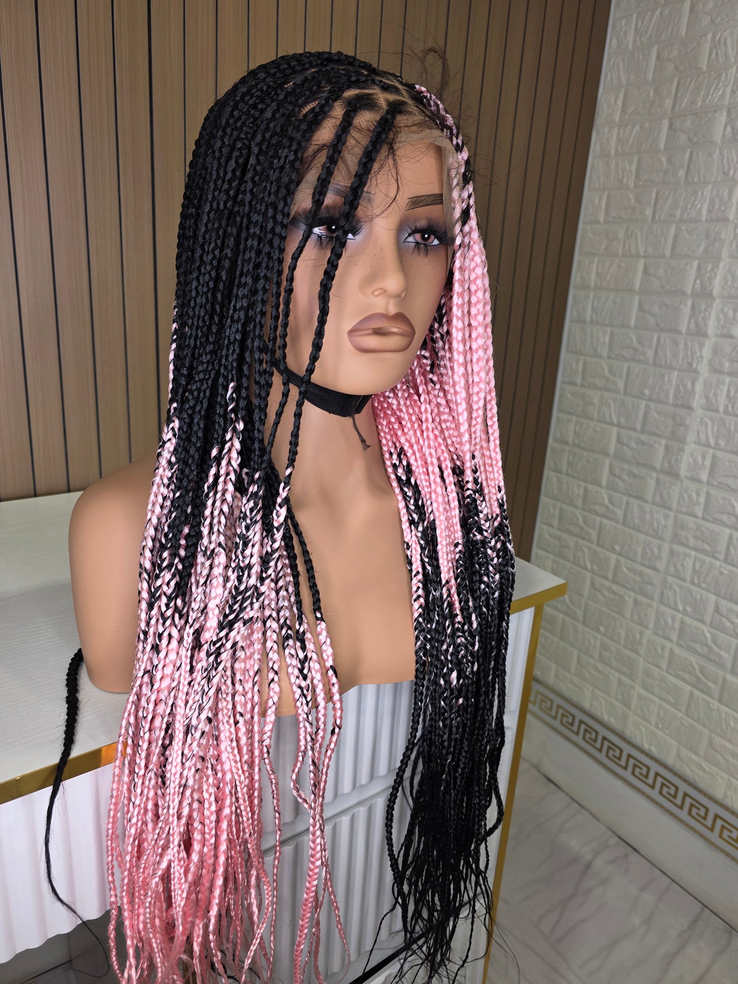 Cross braids in light pink and black 30 inches