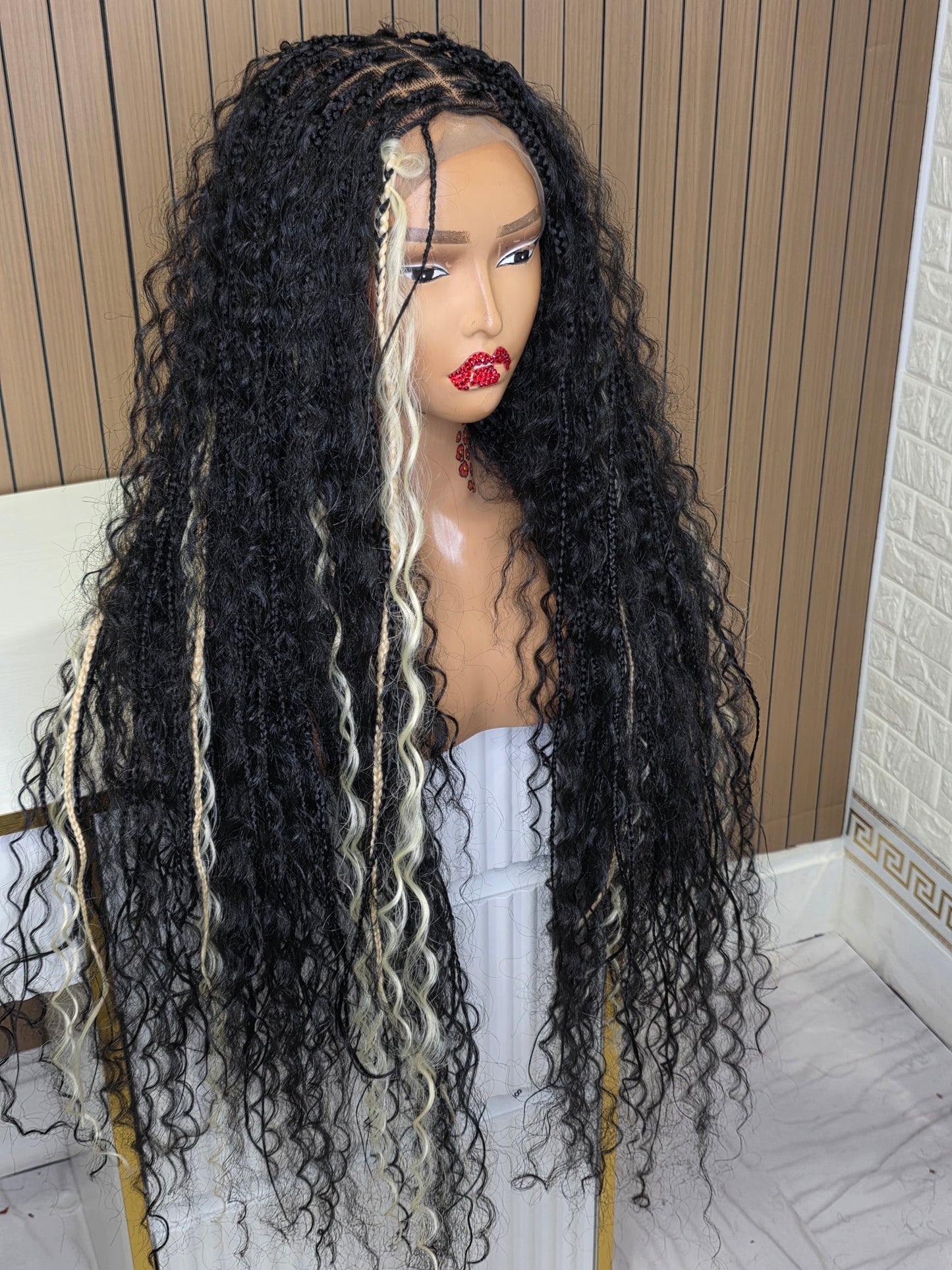 Black knotless boho braided wig full lace