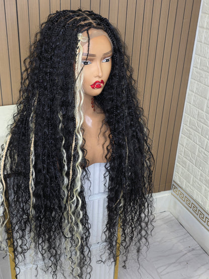 Black knotless boho braided wig full lace
