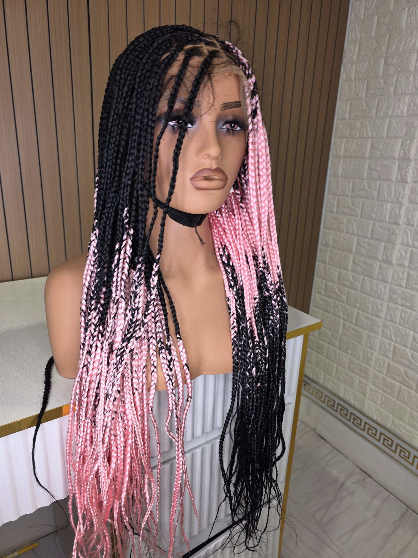 Cross braids in light pink and black 30 inches