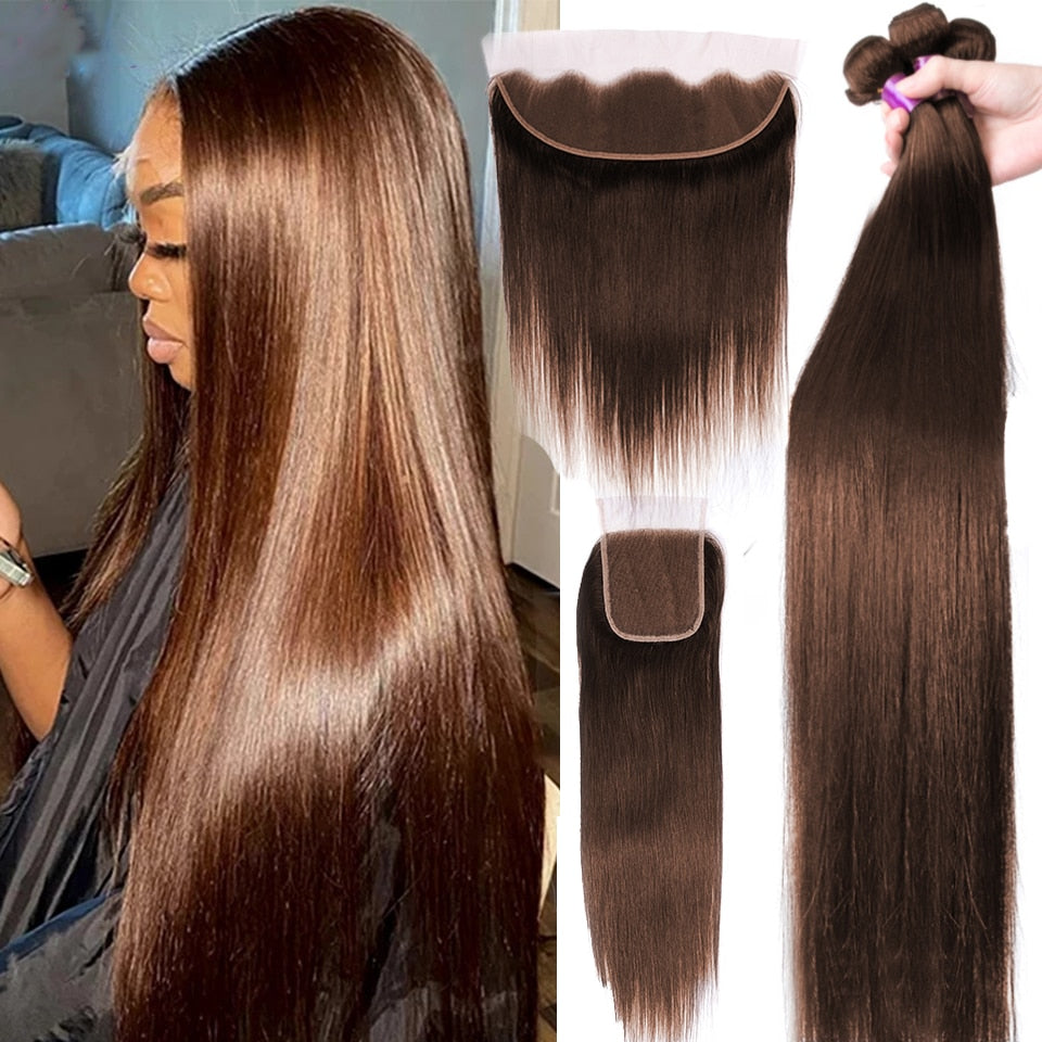 Chocolate Brown Bone Straight Human Hair Bundles with 4x4 Lace Closure Frontal Remy Brazilian Hair Weave Bundles with Closure